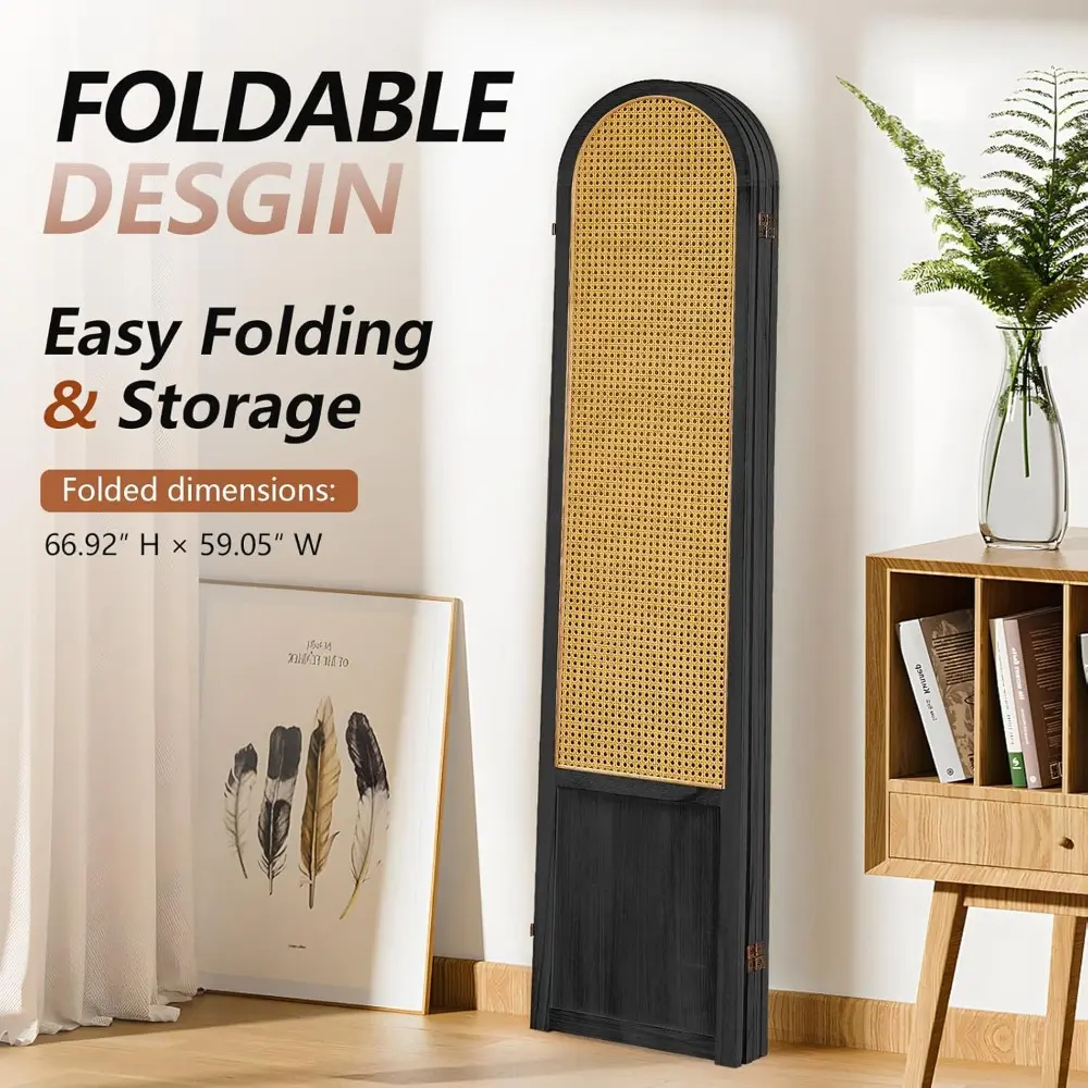 4 Panel Room Divider and Folding Privacy Screen, 5.6 Ft Foldable Double Hinged Rattan Partition, Hand-Woven Rattan Room Divider