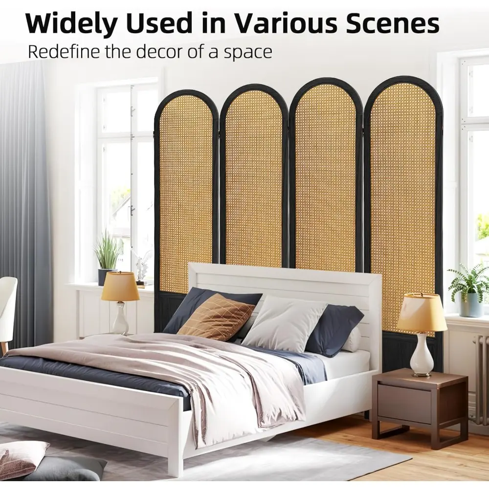 4 Panel Room Divider and Folding Privacy Screen, 5.6 Ft Foldable Double Hinged Rattan Partition, Hand-Woven Rattan Room Divider