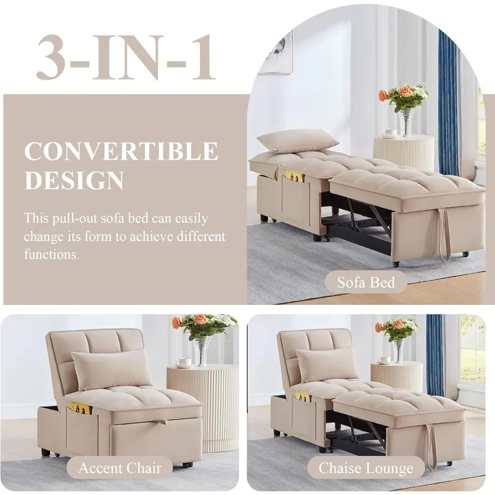3 in1 Multi-Function Single Sofa Bed, Velvet Upholstered Sleeper Chair with Storage Pocket, Tufted Pull-Out Sofa Bed with Adjust