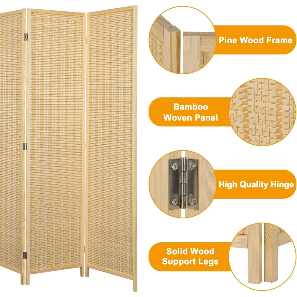 8 Panel Bamboo Room Divider, Folding Privacy Screens, Partition Wall, for Living Room Bedroom Office, Freestanding, 66.9 Inches