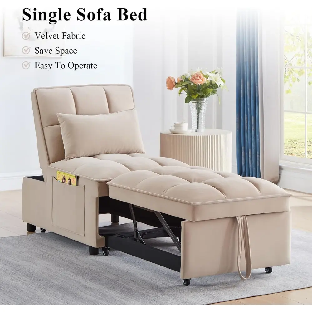 3 in1 Multi-Function Single Sofa Bed, Velvet Upholstered Sleeper Chair with Storage Pocket, Tufted Pull-Out Sofa Bed with Adjust