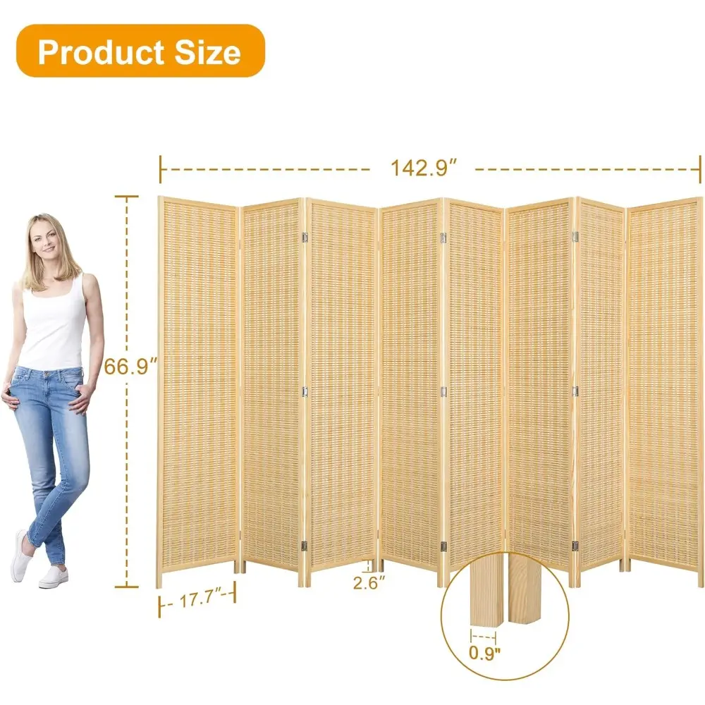 8 Panel Bamboo Room Divider, Folding Privacy Screens, Partition Wall, for Living Room Bedroom Office, Freestanding, 66.9 Inches