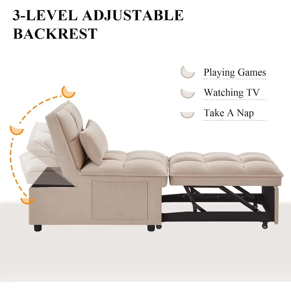 3 in1 Multi-Function Single Sofa Bed, Velvet Upholstered Sleeper Chair with Storage Pocket, Tufted Pull-Out Sofa Bed with Adjust