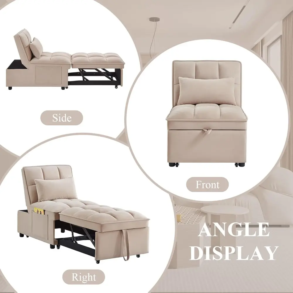 3 in1 Multi-Function Single Sofa Bed, Velvet Upholstered Sleeper Chair with Storage Pocket, Tufted Pull-Out Sofa Bed with Adjust