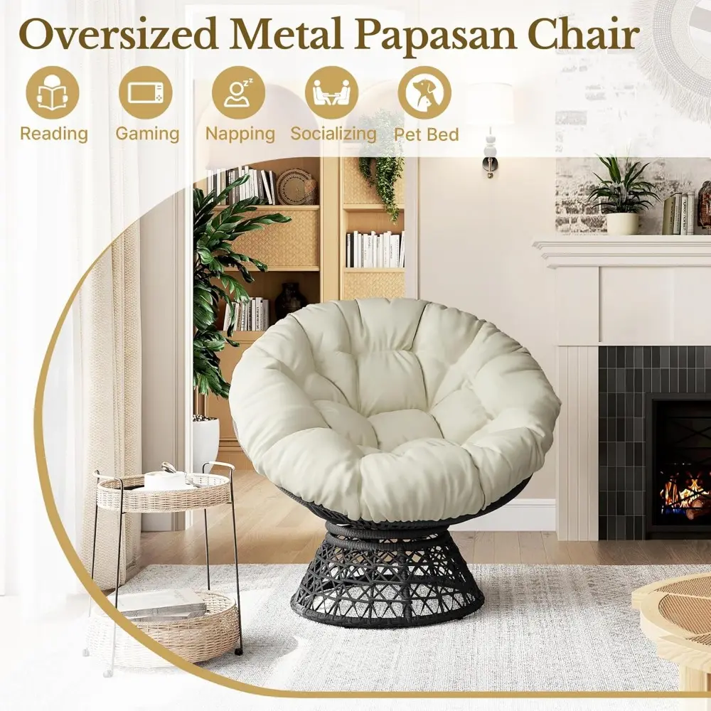40" Ergonomic Swivel Wicker Papasan Chair with Thick Tufted Cushions, High Capacity Frame, 360 Degree Rotatable Chairs for Livi
