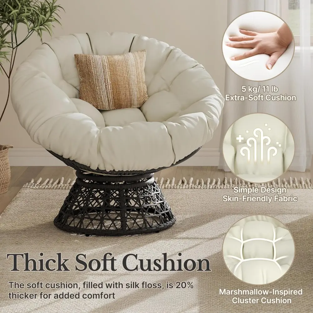 40" Ergonomic Swivel Wicker Papasan Chair with Thick Tufted Cushions, High Capacity Frame, 360 Degree Rotatable Chairs for Livi