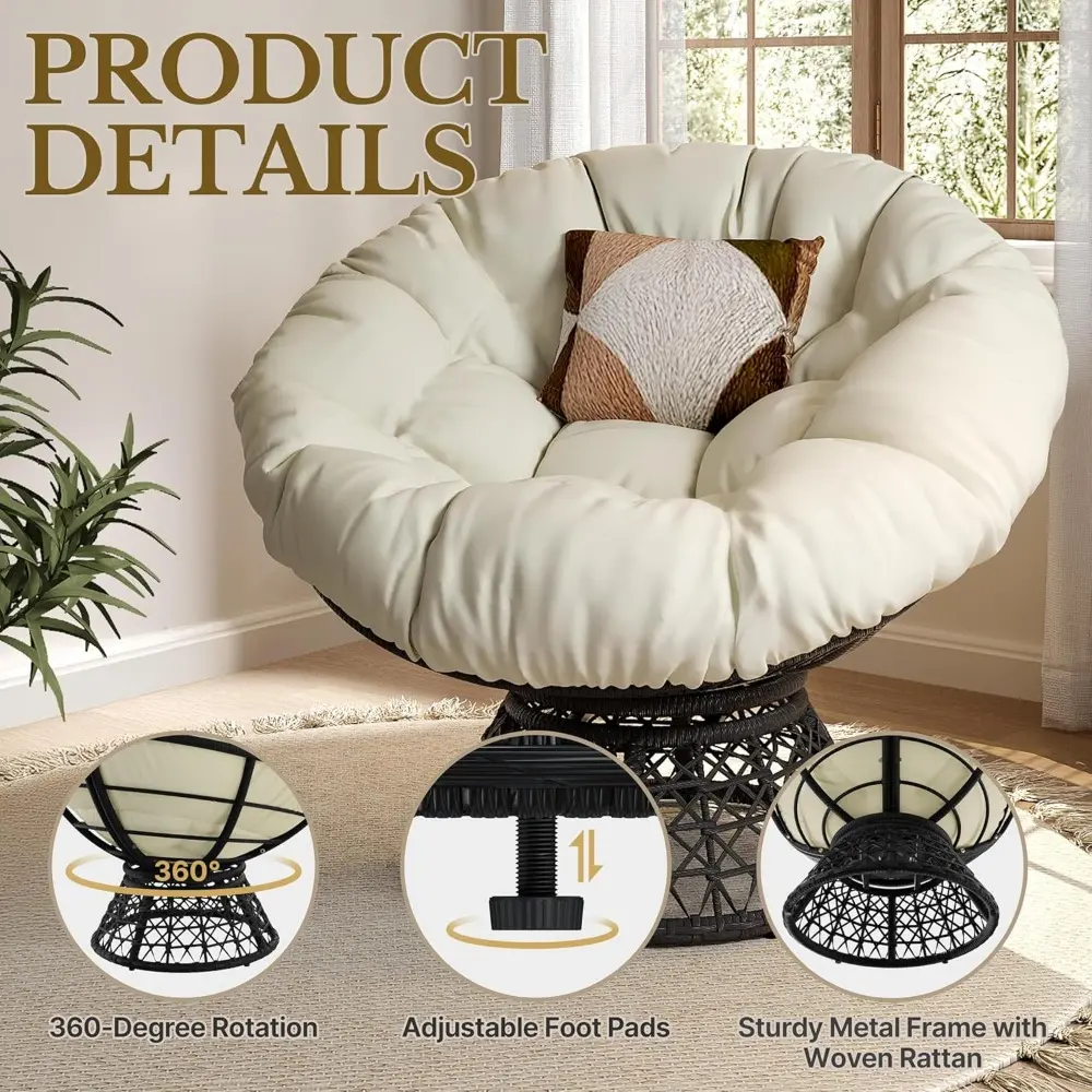 40" Ergonomic Swivel Wicker Papasan Chair with Thick Tufted Cushions, High Capacity Frame, 360 Degree Rotatable Chairs for Livi