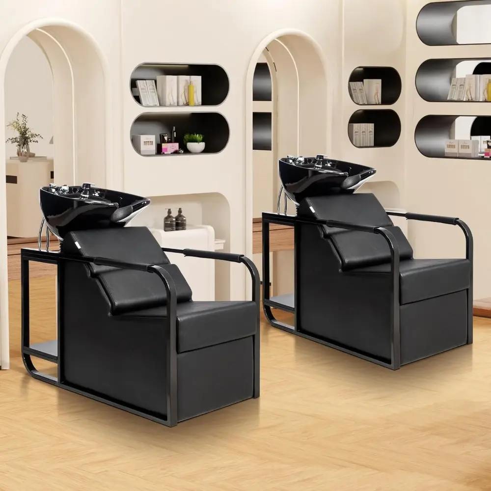 Salon Shampoo Chair with Tilting Hair Washing Bowl & Storage Shelf, Backwash Shampoo Unit for Beauty Spa Barbershop