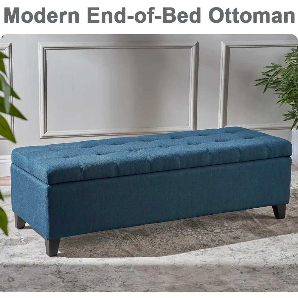 51" Storage Ottoman Bench - Navy Blue Storage Bench End of Bed with Safety Hinges, Footrest Stool for Living, Dining Room, Entry