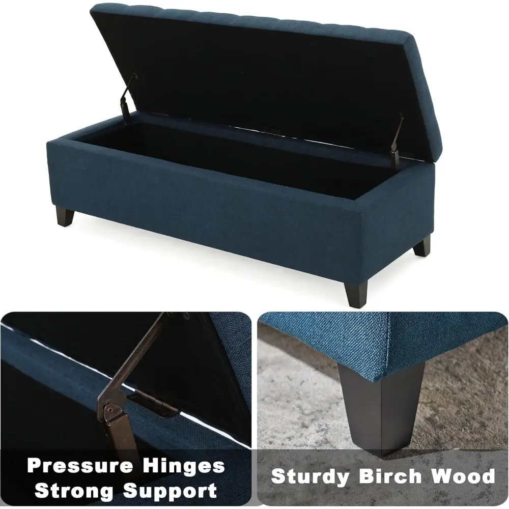 51" Storage Ottoman Bench - Navy Blue Storage Bench End of Bed with Safety Hinges, Footrest Stool for Living, Dining Room, Entry
