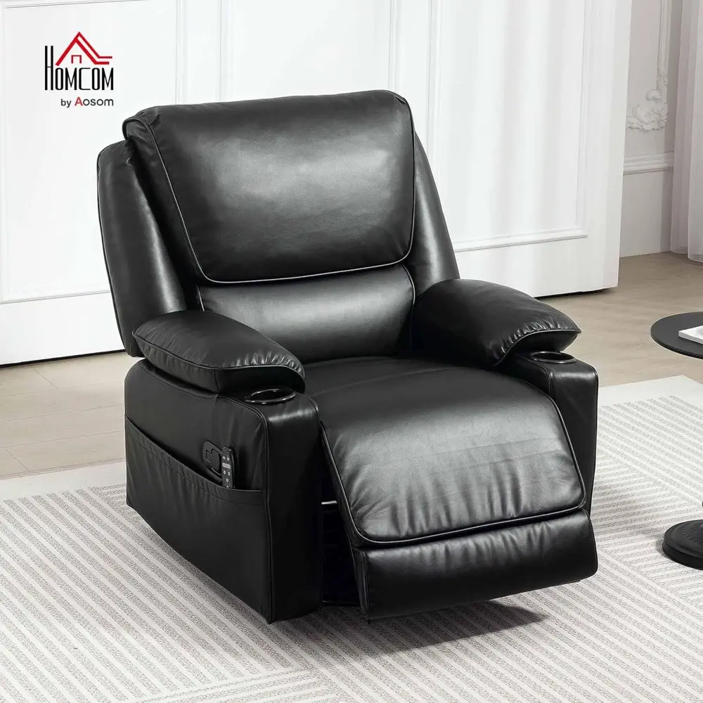 Recliner Chair with Vibration Massage and Heat, Oversized PU Swivel Rocker Single Sofa with Remote, Footrest, Cup Holders and S