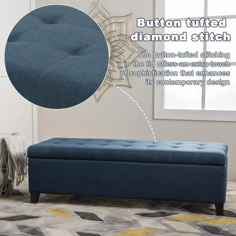 51" Storage Ottoman Bench - Navy Blue Storage Bench End of Bed with Safety Hinges, Footrest Stool for Living, Dining Room, Entry