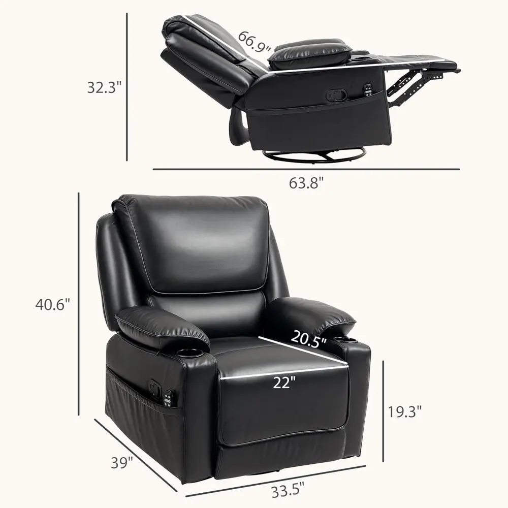Recliner Chair with Vibration Massage and Heat, Oversized PU Swivel Rocker Single Sofa with Remote, Footrest, Cup Holders and S