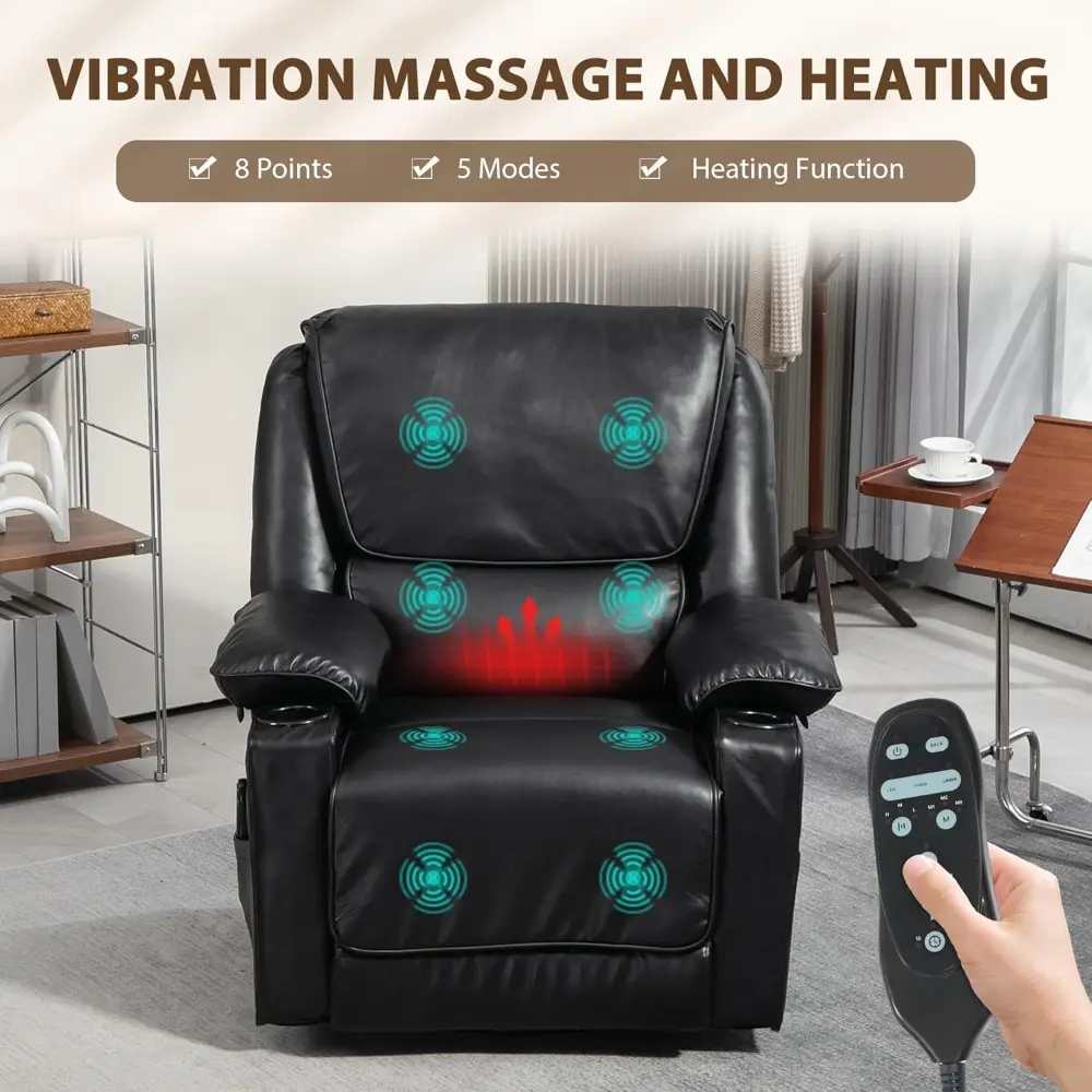 Recliner Chair with Vibration Massage and Heat, Oversized PU Swivel Rocker Single Sofa with Remote, Footrest, Cup Holders and S