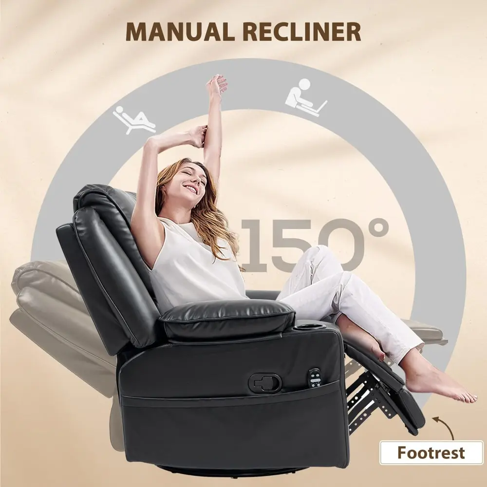 Recliner Chair with Vibration Massage and Heat, Oversized PU Swivel Rocker Single Sofa with Remote, Footrest, Cup Holders and S