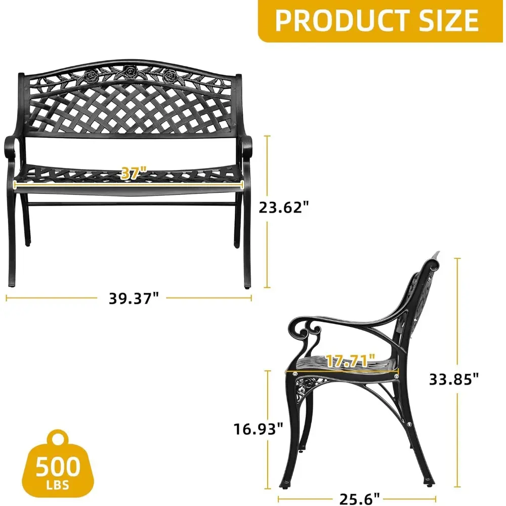 Cast Aluminum Outdoor Bench, 39.4’’ Patio Garden Benches for Outdoors, Metal Frame Patio Bench for Backyard, Lawn, Deck, Porch,