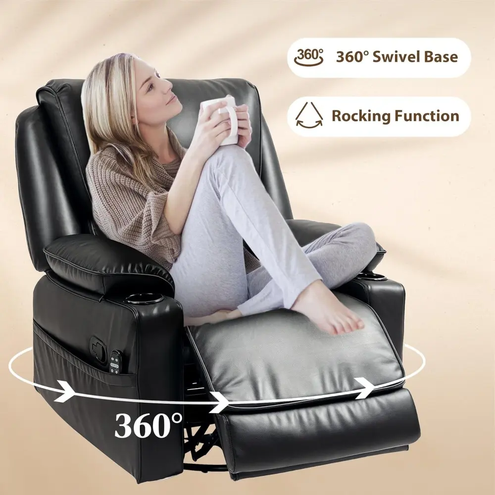 Recliner Chair with Vibration Massage and Heat, Oversized PU Swivel Rocker Single Sofa with Remote, Footrest, Cup Holders and S