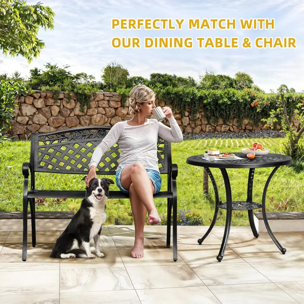 Cast Aluminum Outdoor Bench, 39.4’’ Patio Garden Benches for Outdoors, Metal Frame Patio Bench for Backyard, Lawn, Deck, Porch,