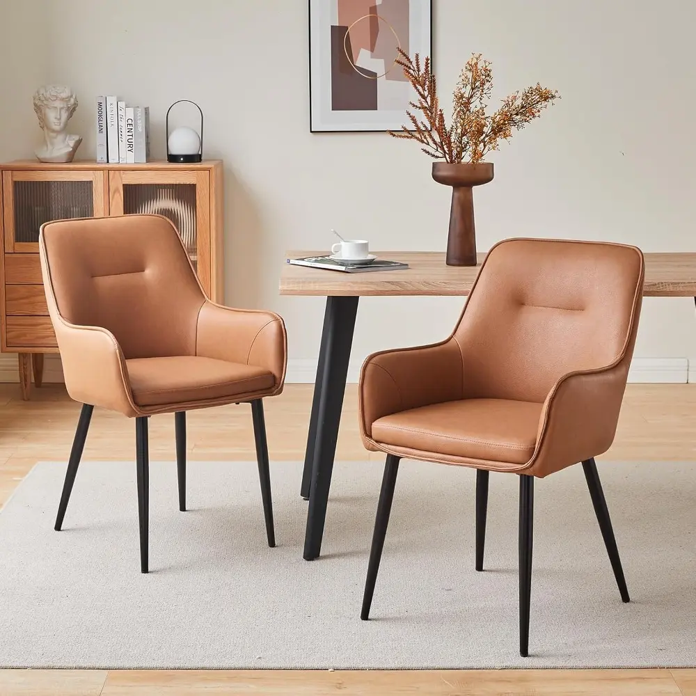 Faux Leather Accent Arm Chair Set of 2, Leisure Upholstered Chair with Metal Legs, Mid-Century Modern Dining Chairs for Living
