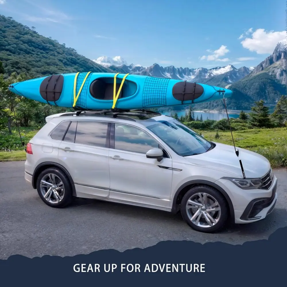 2 Pair Universal Folding Kayak Roof Rack for Cars, SUVs, and Trucks - Heavy-Duty Adjustable J-Bar Kayak Carrier with 4 Lashing