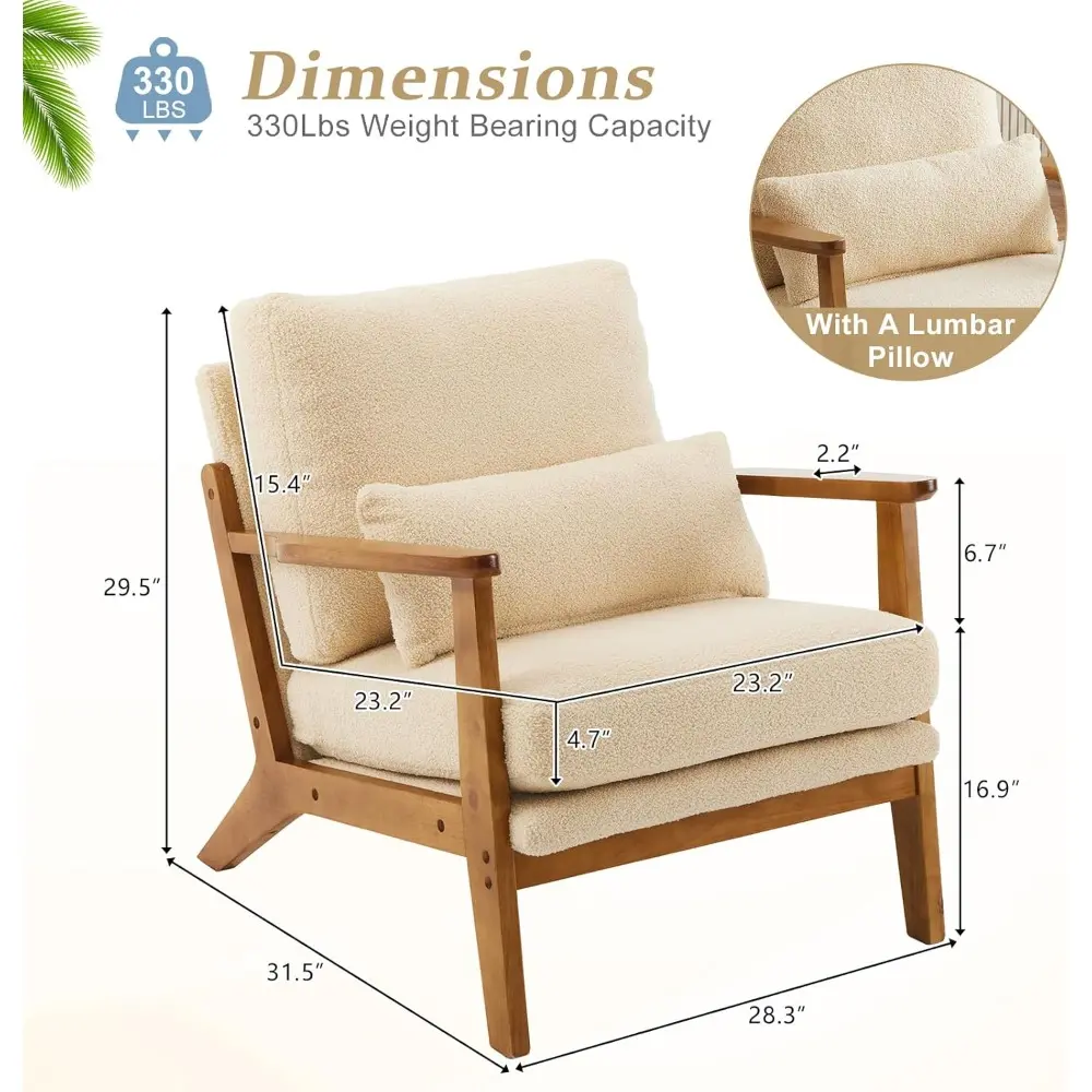 Solid Wood Wide Armrests Accent Chair,Upholstered Mid Century Modern Chair with Pillow,Comfy Reading Chair Farmhouse Arm Chair,