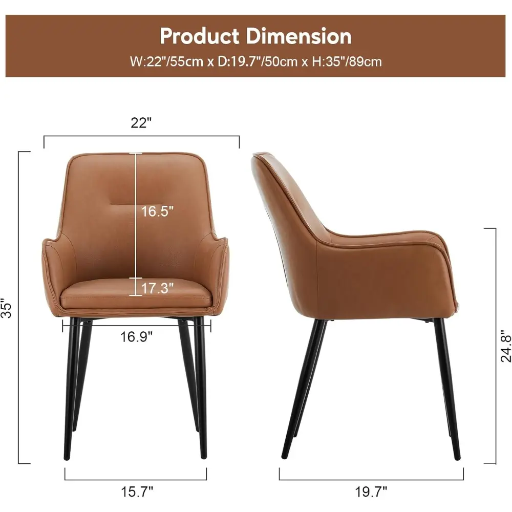 Faux Leather Accent Arm Chair Set of 2, Leisure Upholstered Chair with Metal Legs, Mid-Century Modern Dining Chairs for Living