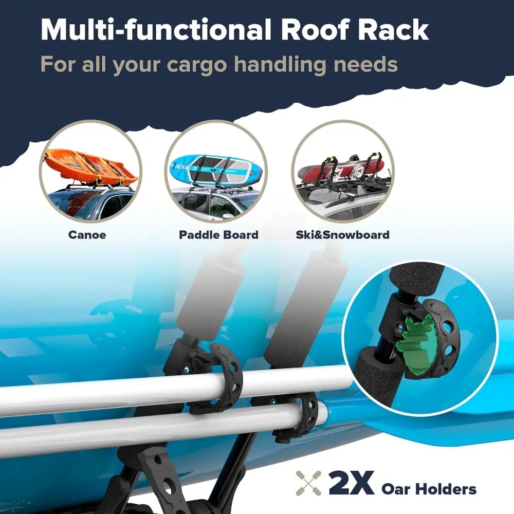 2 Pair Universal Folding Kayak Roof Rack for Cars, SUVs, and Trucks - Heavy-Duty Adjustable J-Bar Kayak Carrier with 4 Lashing