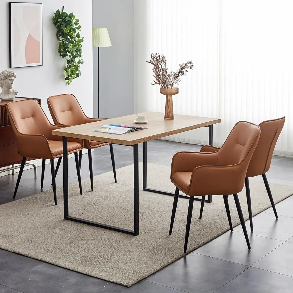 Faux Leather Accent Arm Chair Set of 2, Leisure Upholstered Chair with Metal Legs, Mid-Century Modern Dining Chairs for Living
