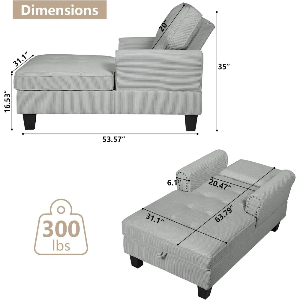 Chaise Lounge Chair Indoor with Hidden Storage Button Tufted Upholstered Lounge Chair with Adjustable Backrest and Sturdy Legs S