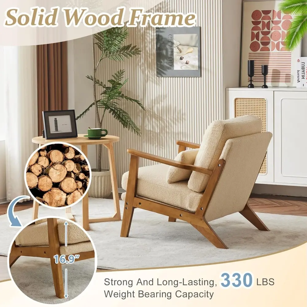 Solid Wood Wide Armrests Accent Chair,Upholstered Mid Century Modern Chair with Pillow,Comfy Reading Chair Farmhouse Arm Chair,