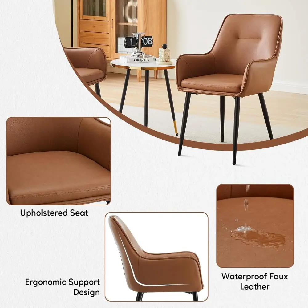Faux Leather Accent Arm Chair Set of 2, Leisure Upholstered Chair with Metal Legs, Mid-Century Modern Dining Chairs for Living