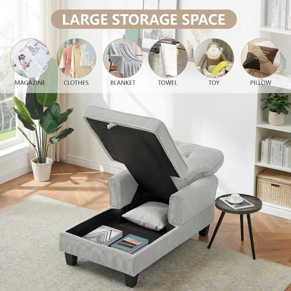 Chaise Lounge Chair Indoor with Hidden Storage Button Tufted Upholstered Lounge Chair with Adjustable Backrest and Sturdy Legs S