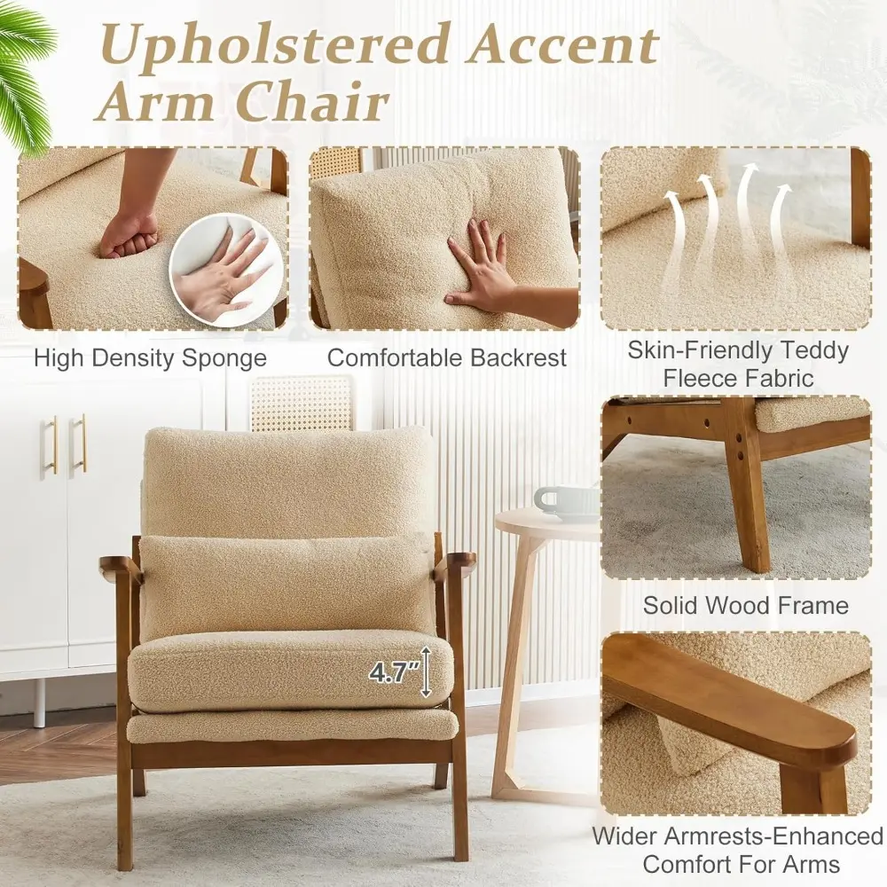 Solid Wood Wide Armrests Accent Chair,Upholstered Mid Century Modern Chair with Pillow,Comfy Reading Chair Farmhouse Arm Chair,