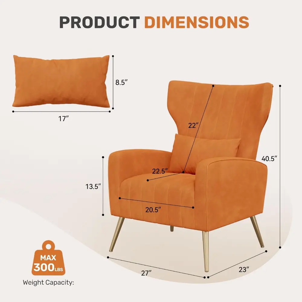 Velvet Fabric Upholstered Reading Comfy Mid Century Modern Armchair, Accent Chair for Living Room,Orange