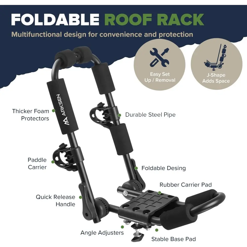 2 Pair Universal Folding Kayak Roof Rack for Cars, SUVs, and Trucks - Heavy-Duty Adjustable J-Bar Kayak Carrier with 4 Lashing