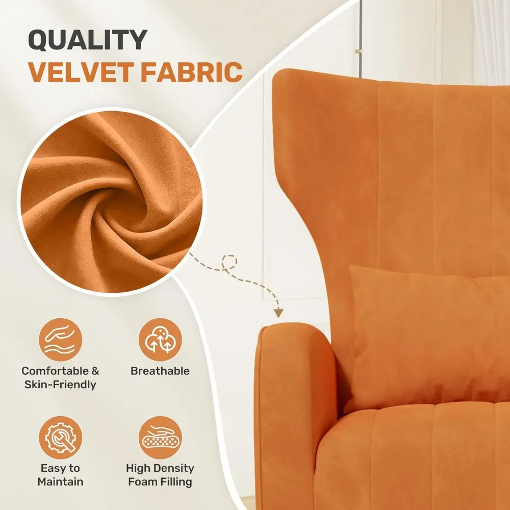 Velvet Fabric Upholstered Reading Comfy Mid Century Modern Armchair, Accent Chair for Living Room,Orange