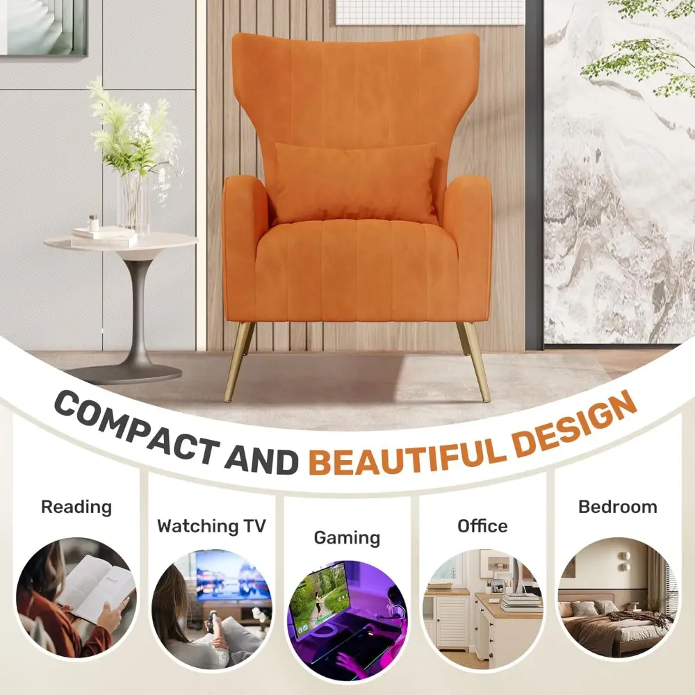 Velvet Fabric Upholstered Reading Comfy Mid Century Modern Armchair, Accent Chair for Living Room,Orange