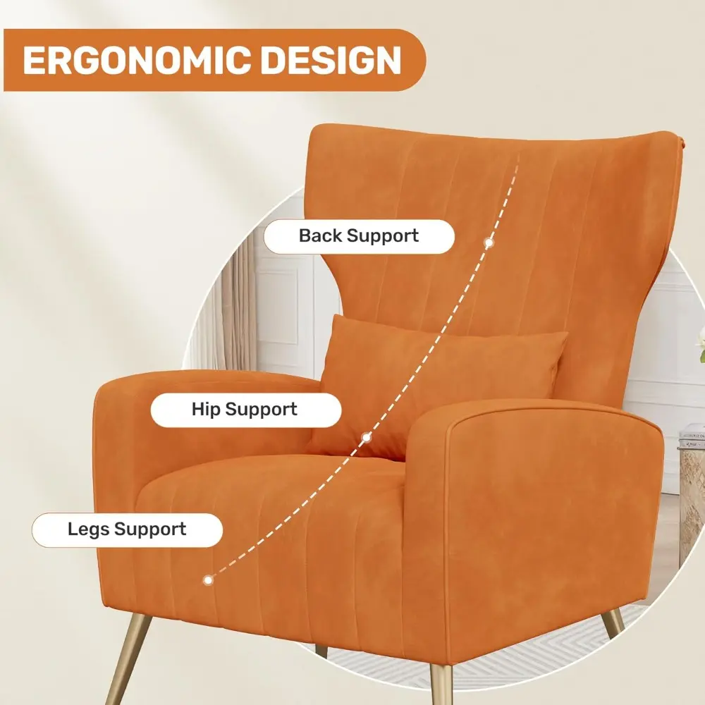 Velvet Fabric Upholstered Reading Comfy Mid Century Modern Armchair, Accent Chair for Living Room,Orange