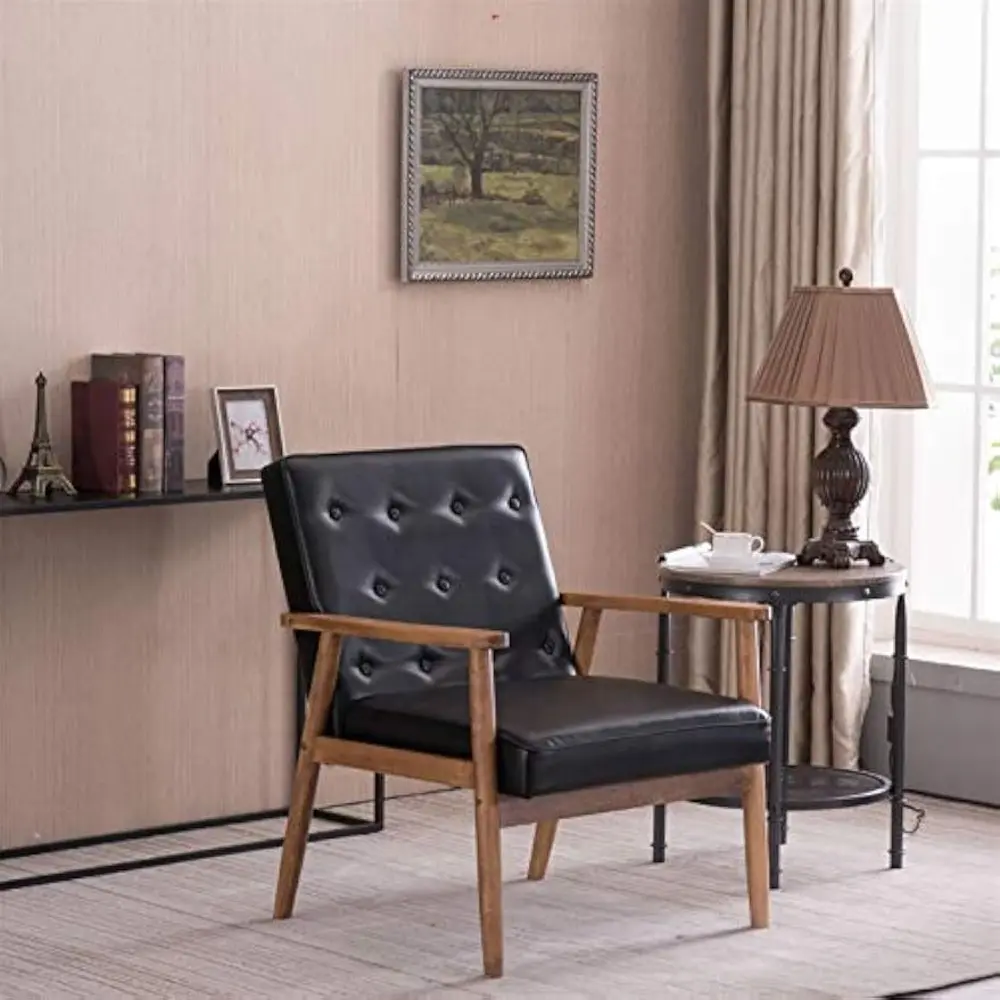 Mid Century Modern Leather Accent Chair Wood Arm Chairs Retro Modern Wooden Single Chair, Mid-Century Retro Modern Accent Chair,