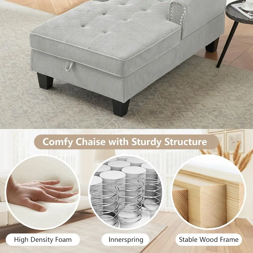 Chaise Lounge Chair Indoor with Hidden Storage Button Tufted Upholstered Lounge Chair with Adjustable Backrest and Sturdy Legs S