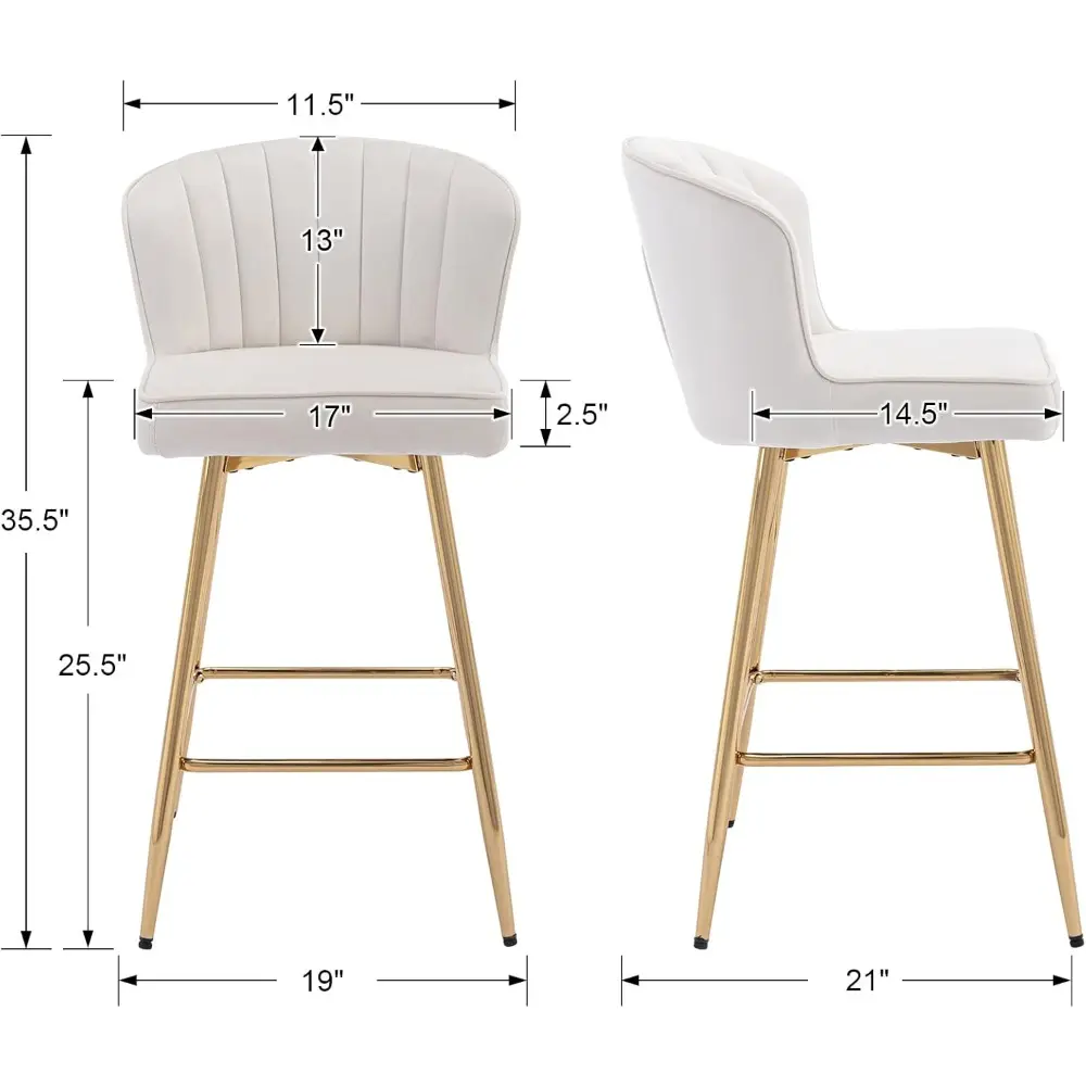 Mid-Century Modern Velvet Bar Stools with Gold Legs, Set of 2, Upholstered Counter Height, 26 Inches