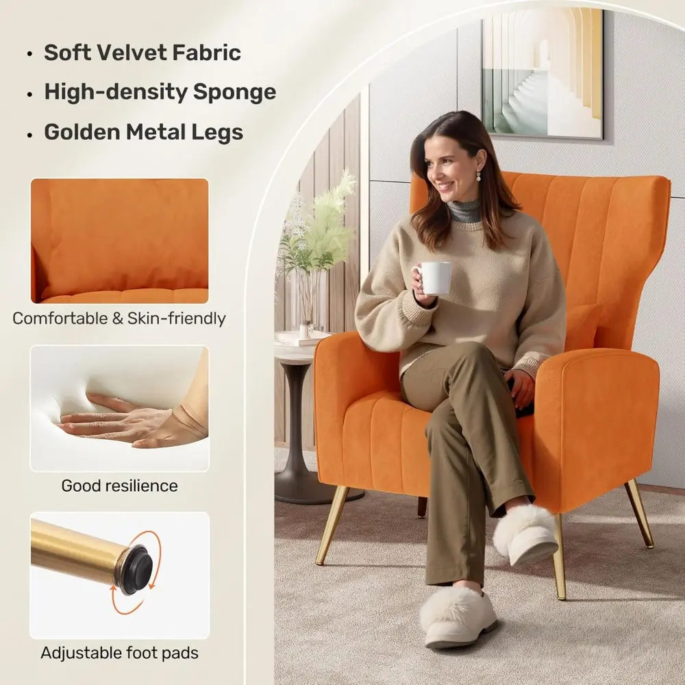 Velvet Fabric Upholstered Reading Comfy Mid Century Modern Armchair, Accent Chair for Living Room,Orange