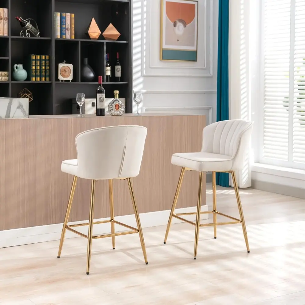 Mid-Century Modern Velvet Bar Stools with Gold Legs, Set of 2, Upholstered Counter Height, 26 Inches