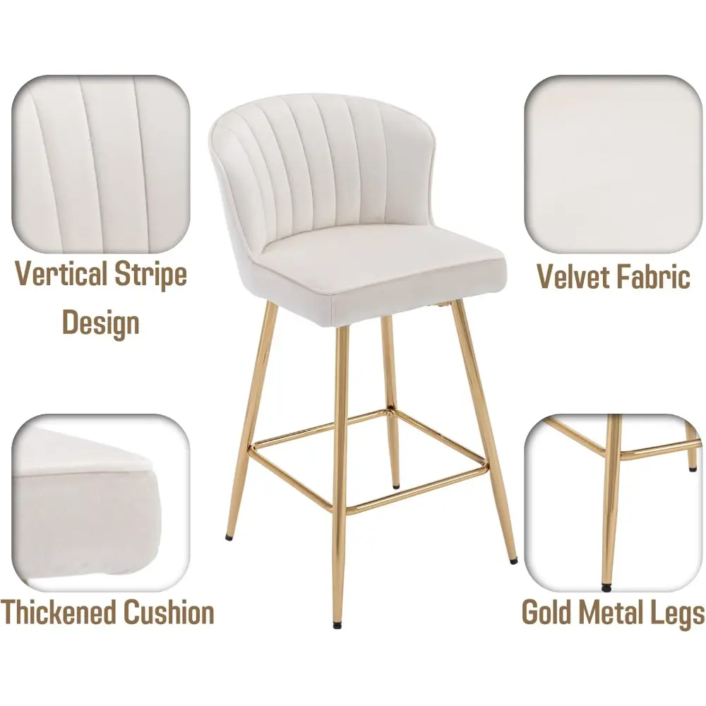 Mid-Century Modern Velvet Bar Stools with Gold Legs, Set of 2, Upholstered Counter Height, 26 Inches