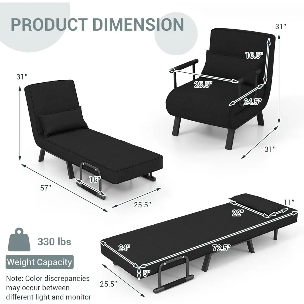 Convertible Sleeper Chair Bed, 4 in 1 Living Room Reading Chair with Pillow, Arm and Adjustable 5 Position Backrest Single Sofa