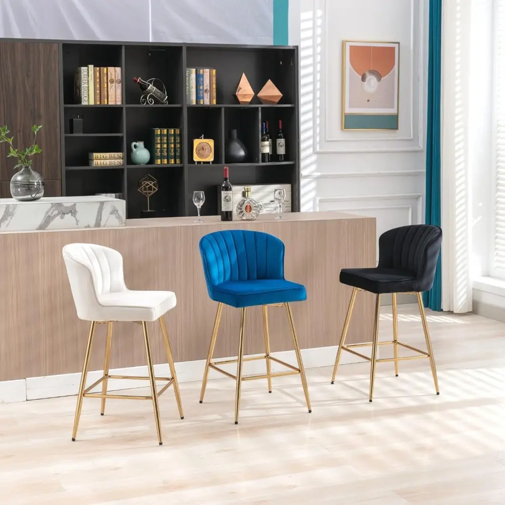 Mid-Century Modern Velvet Bar Stools with Gold Legs, Set of 2, Upholstered Counter Height, 26 Inches