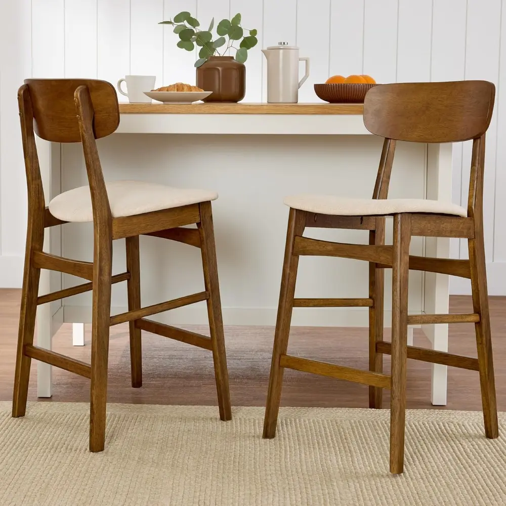 "Pair of Modern Farmhouse Style Bar Stools, Counter Height with Upholstered Cushion Seats and Wooden Curved Backs, Walnut Finish