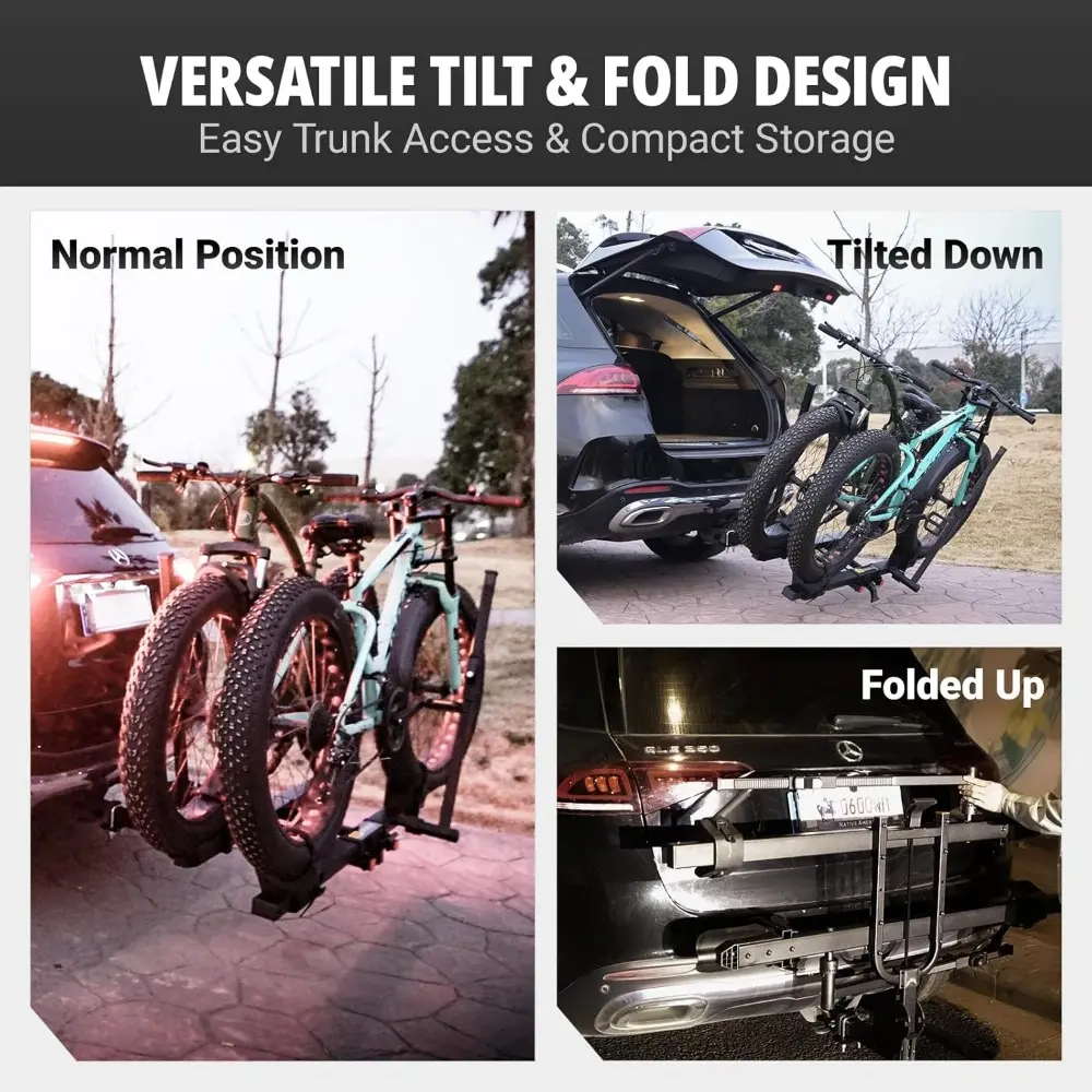 TRAILV2 Hitch Mount 2-Bike Rack with Bike Ramp - Tilt, Fold, Anti-Theft Hitch & Wheel Lock, 170lbs Capacity, 2-Inch Receiver, Up