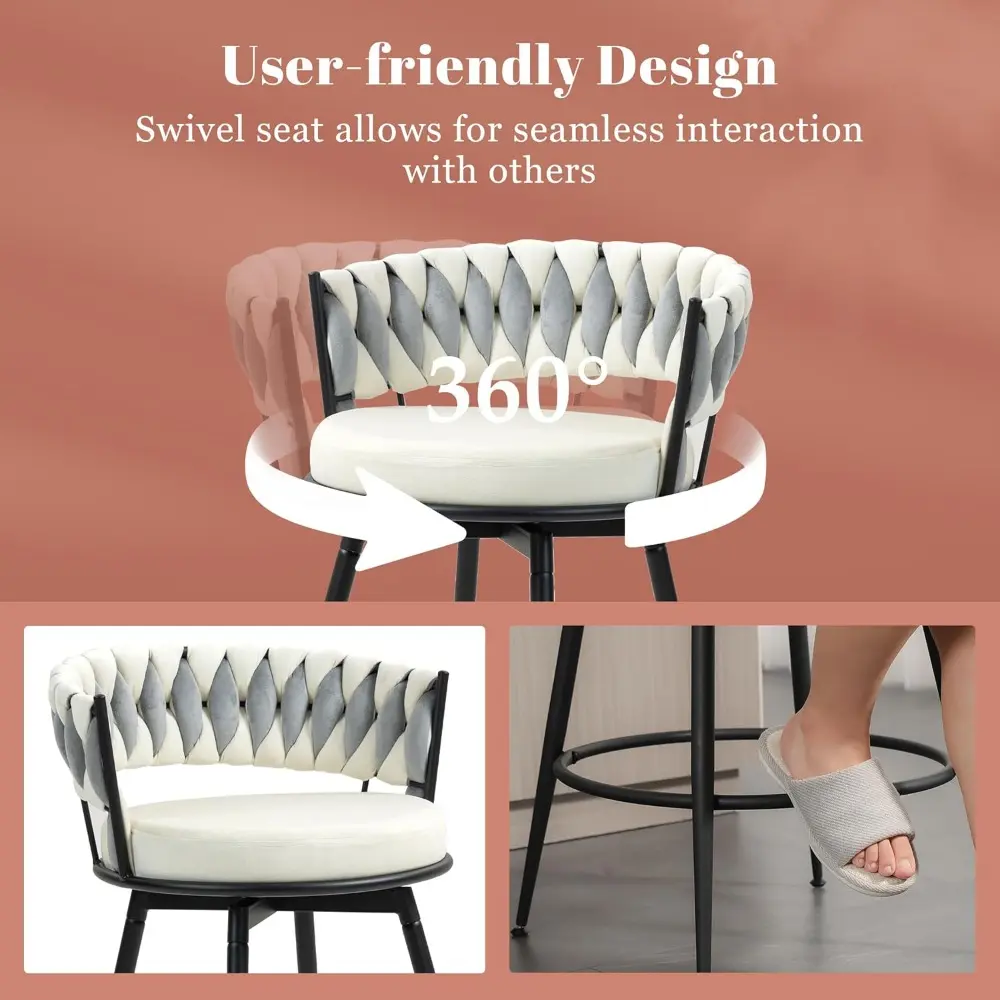 Pair of 24-Inch Swivel Counter Height Bar Stools with Woven Back for Kitchen Counter