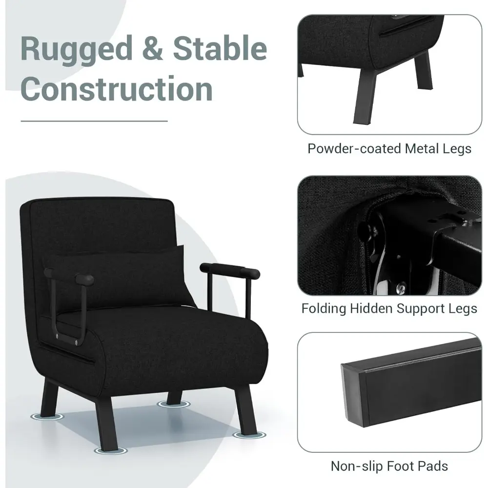 Convertible Sleeper Chair Bed, 4 in 1 Living Room Reading Chair with Pillow, Arm and Adjustable 5 Position Backrest Single Sofa